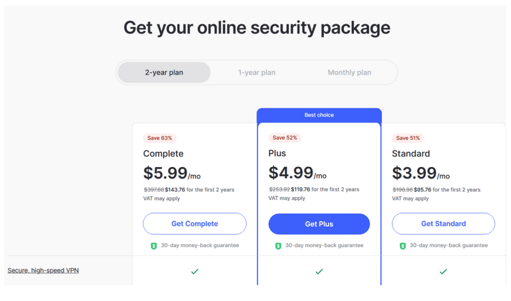 NordVPN pricing table